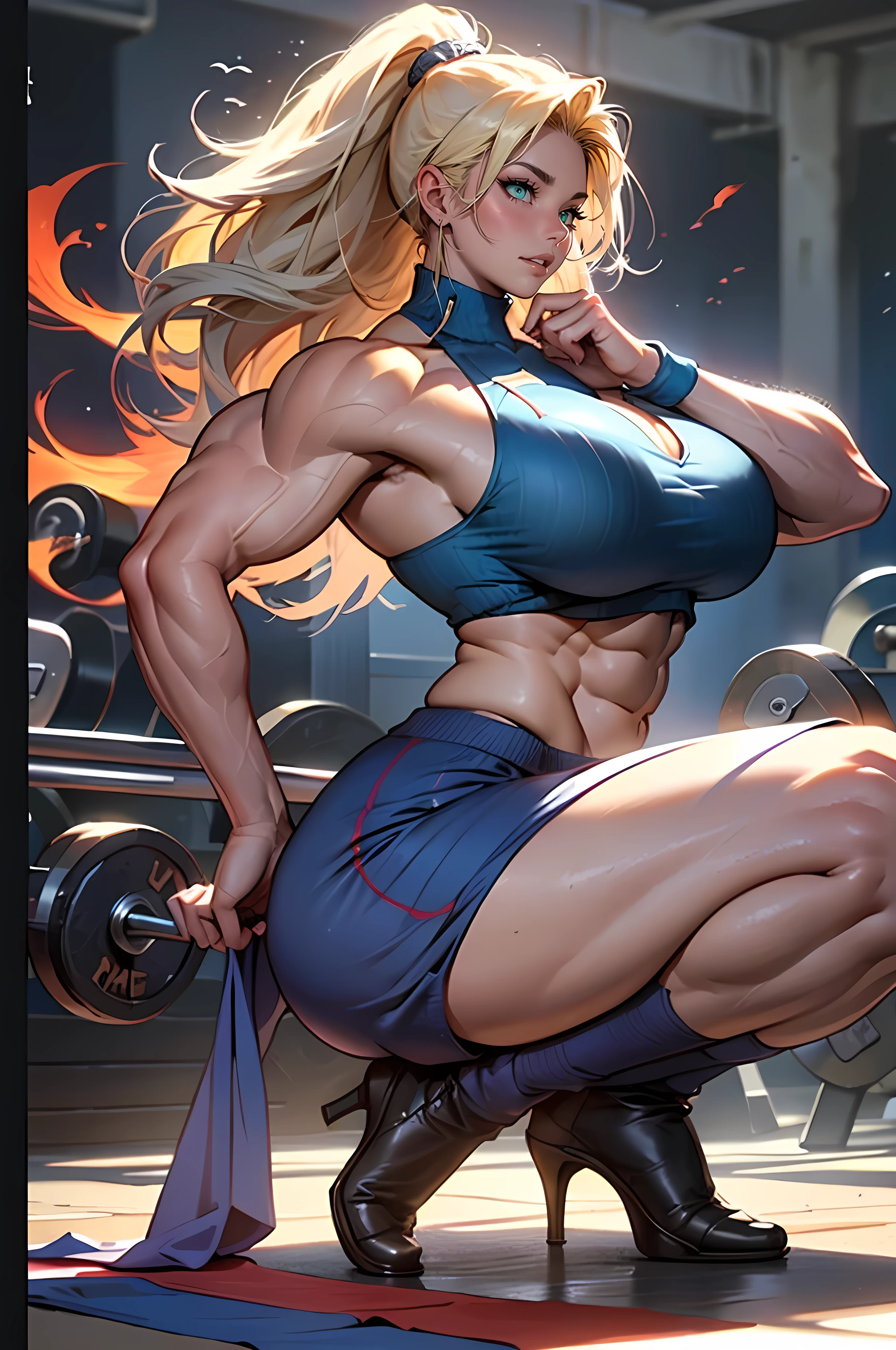 (masterpiece: 2), 4K, From the side, (full body:1.9), (Very Tall), solo, (Long Legs:1.5), Wide Hips, Slim Waist, ((Massive Female Bodybuilder:1.9)), ((Huge Breasts:1.8)), short detailed hair, Blonde curly hair,office room,realistic humid skin,crouched,otherworld background,Realistic fantasy rendering,Forced hair, Wearing delicate earrings,