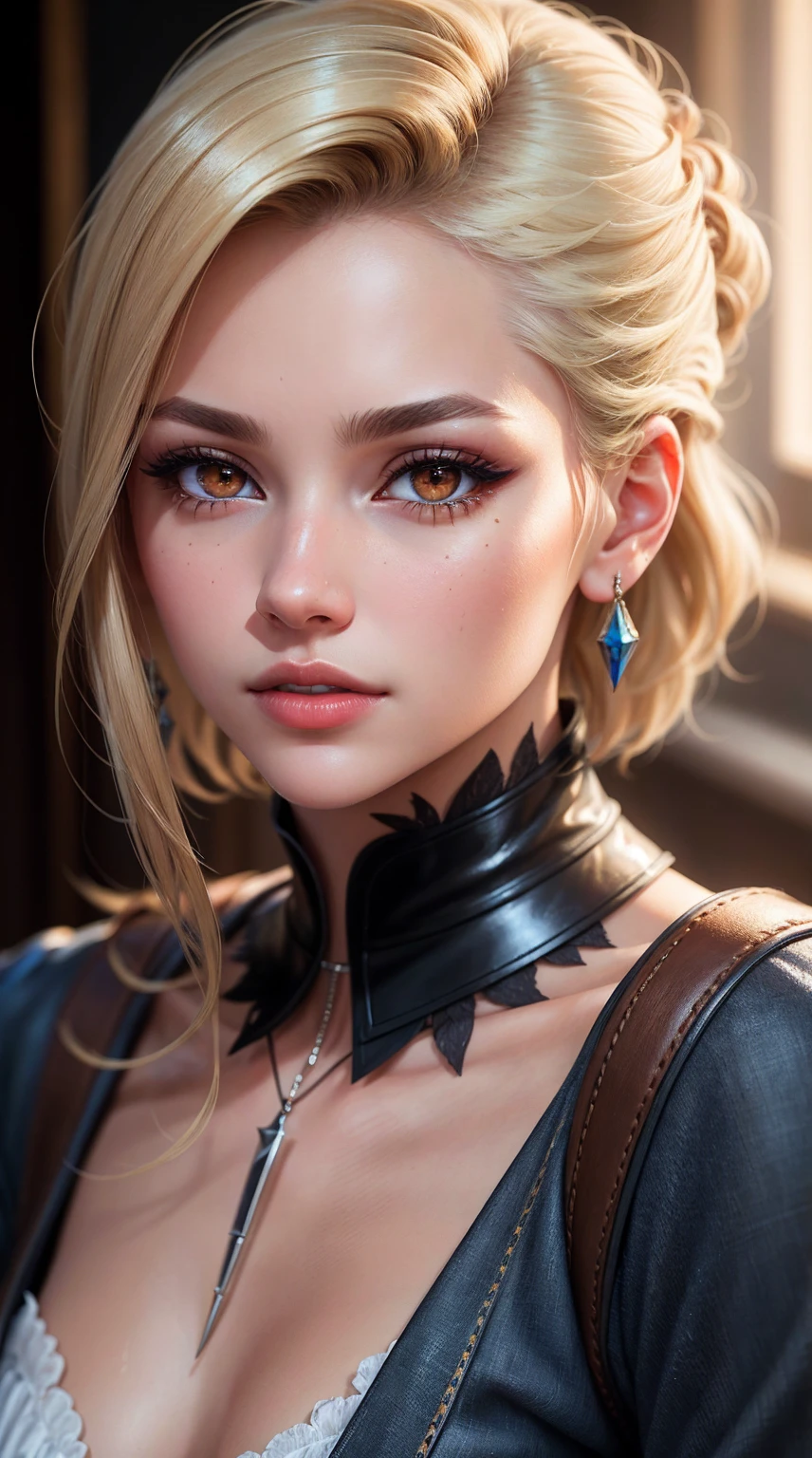 Realism, Realistic, ultra realistic details: velvety skin, blonde short slicked to the side hair, symmetrical lips, light glossy red_lipstick, long blue_eyelashes, pupils, BREAK, Caucasian model of, masterpiece, top quality, raw photo, photorealistic, incredibly ridiculous, beautiful girl, cute, depth of field, high resolution, ultra detail, fine detail, high detailed, sharp pupils, realistic pupils, sharp focus, cinematic lighting , cohesive hairstyle, Blonde, Clean clothing, Face closeup, (clear sharp focus, not blurry, Realistic brown_eyes:1.35), Masterpiece, Realistic skin texture, Ultra detailed, Lustrous hair and skin
