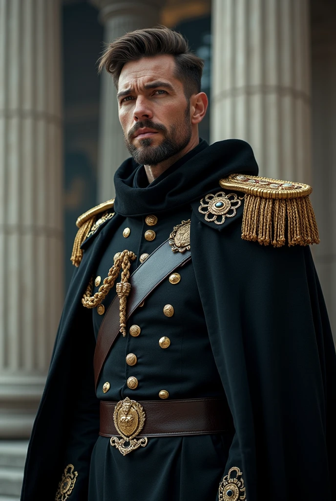 (Best quality at best,Photorealistic) big huge pecs,(dark,feels) Young person, One guy,detailed black eyes, French-German man in uniform standing in front of building, in full military garb, in a soldier uniform, Inspired by Zhang Sengyao, in a soldier uniform, Court Costume Akira, in a soldier uniform, Imperial team, in a soldier uniform Black cloak , crown in your Head Wearing imperial equipment, Wearing a soldier's uniform, Inspired by Oka Yasuyu, Italian man wearing old samurai uniform,,。dark skin., ((Very relaxed and lazy look!)), ((Unintentionally exposing chest muscles))Handsome male, Handsome chad chin, Handsome and attractive, Handsome and elegant, Handsome man, Sexy masculine, masculine and Handsome, , Handsome, Attractive posing, attractive male, Attractive man,40-year-old man!Lift your little head,Kominan wearing an army coat(closeup portrait!))showing off his hairy pecs。(Show hairy chest muscles),),(Use a short beard collar),Wear a military uniform and wear one without buttons!Show hairy chest muscles),),(Use a short beard collar,)headspace!Charming and serious look,(Handsome man,sitting down,poorly dressed,Perfect body anatomy,Beautiful man face detail,perfect foot,perfect hand!Ultra-low angle shooting!!
