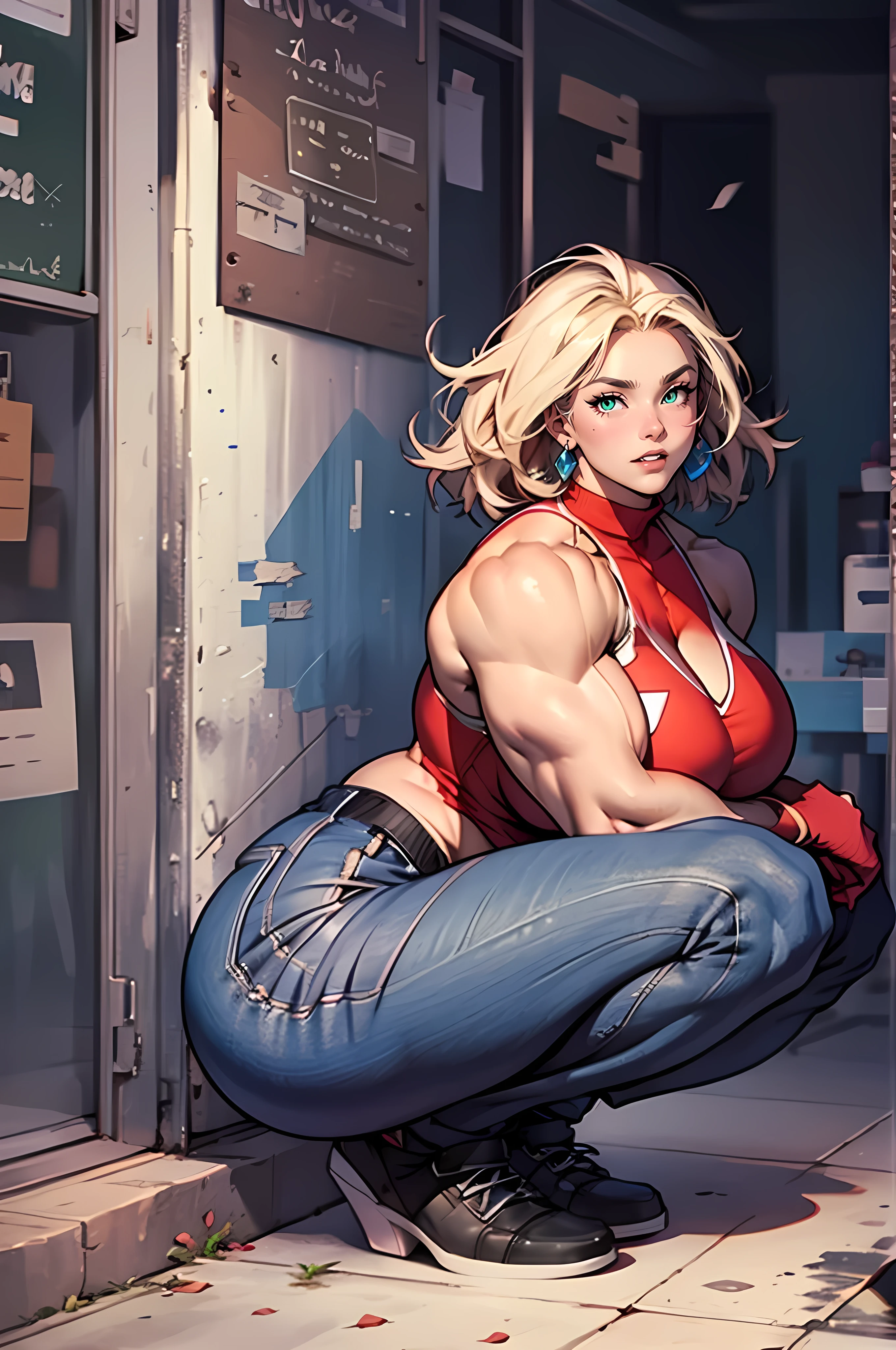 (masterpiece: 2), 4K, From the side, (full body:1.9), (Very Tall), solo, (Long Legs:1.5), Wide Hips, Slim Waist, ((Massive Female Bodybuilder:1.9)), ((Huge Breasts:1.8)), short detailed hair, Blonde curly hair,office room,realistic humid skin,crouched,otherworld background,Realistic fantasy rendering,Forced hair, Wearing delicate earrings,