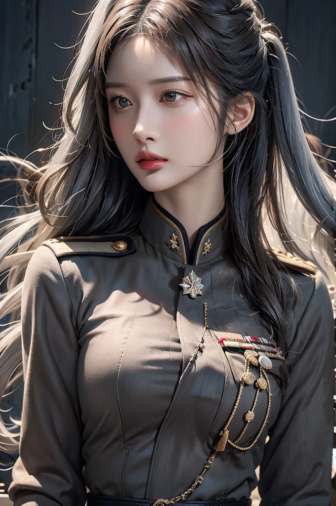 realistic, high resolution, soft lighting, 1 woman, alone, butt up, look at the viewer, (detailed face), gray hair, long hair, military uniform, bijouterie