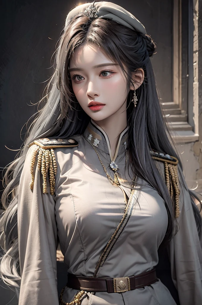 realistic, high resolution, soft lighting, 1 woman, alone, butt up, look at the viewer, (detailed face), gray hair, long hair, military uniform, bijouterie