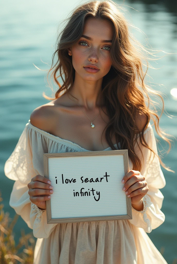 Beautiful girl with wavy long hair, bohemian dress, holding a white board with text "I Love Seaart Infinity" and showing it to the viewer