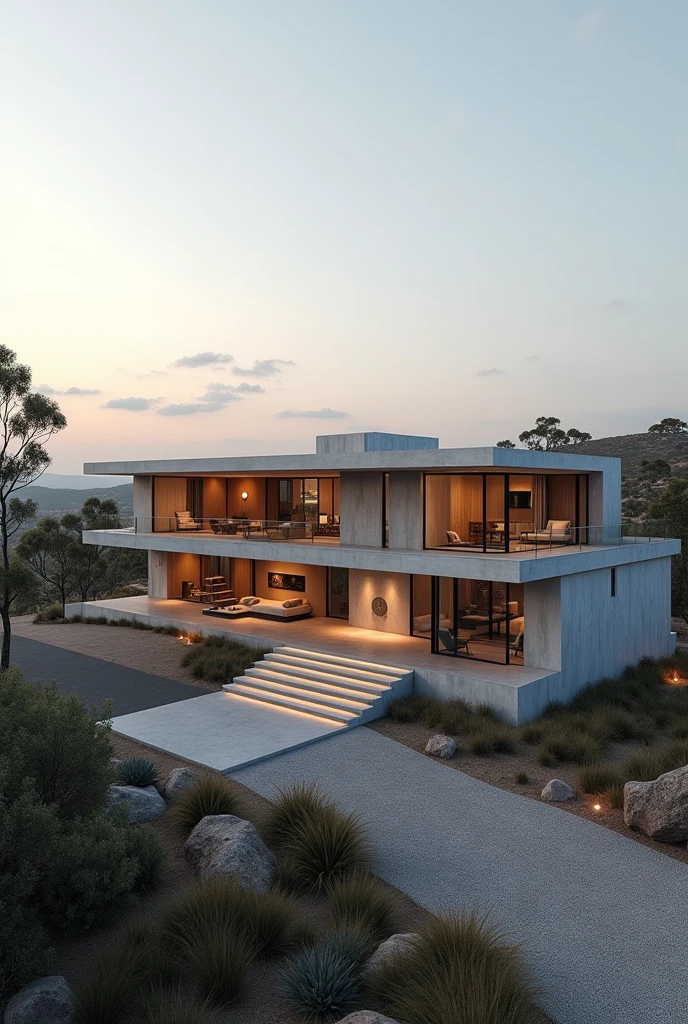 large luxury concrete house in a rural Western Australian coastal port city, coastal port city, luxury house, structurally stable, structurally sound, walled, stable ground, house has driveway, nearby highway, ultrarealistic, soft lighting, 8k