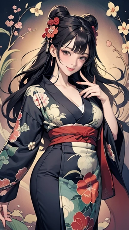 A beautiful woman smiles and shows her upper white teeth、Vividly colored Japanese Ukiyo-e style illustrations、SeaArt creates stunning illustrations of beautiful women in kimono、Brown-black long hair、Beautiful full body style、Beautiful digital illustrations、Beautiful and innovative digital paintings, Bright vibrant anime art, Detailed digital anime art,  Beautiful anime portraits