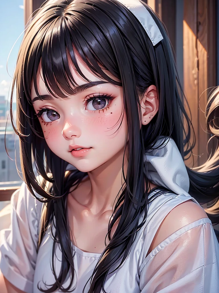 Believe me, a girl with a round white face with almost medium black hair with a mole on her right cheek in profile, , black eyes 
