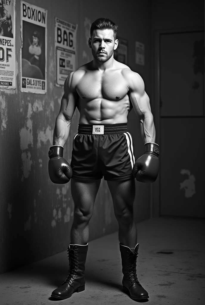 Capture a black and white photograph that evokes the authenticity of the 1950s. In the foreground, a muscular boxer adopts a combat-ready pose with palpable intensity. He wears short cotton trunks with side stripes, large padded gloves, and leather lace-up boots. His expression reflects determination and focus, with his well-defined physique highlighted by harsh lighting that accentuates every detail of his attire.The background features a worn, stained wall covered with old posters of clandestine boxing matches, adding a layer of history and grit to the setting. The lighting emphasizes the contrast between the boxer and the dilapidated environment, creating an atmosphere that blends the tension of the fight with the decay of the location. Use a DSLR or mirrorless camera with a 50mm f/1.8 lens, set the aperture to f/2.8, the shutter speed to 1/500s, and the ISO to 400 to accurately capture the details and ambiance of the scene.