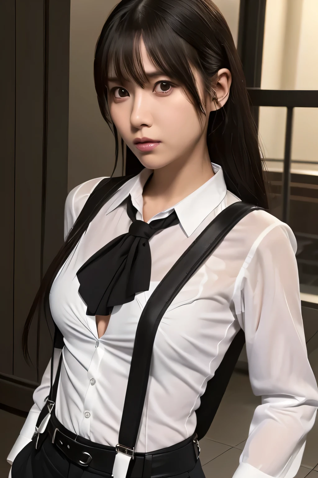 a woman in a suit, belt, hands behind back, sweating, suspenders, black pants, sexly, large breasts, see-through clothing, rain, detective, office worker, white button-up shirt, (best quality,4K,8k,highres,masterpiece:1.2),ultra-detailed,(realistic,photorealistic,photo-realistic:1.37),hyper-detailed,highly detailed face and body, Slender thin suspenders Moderate breasts See-through shirt Nipples holster chain Pistol Armament criminal Female criminal knife