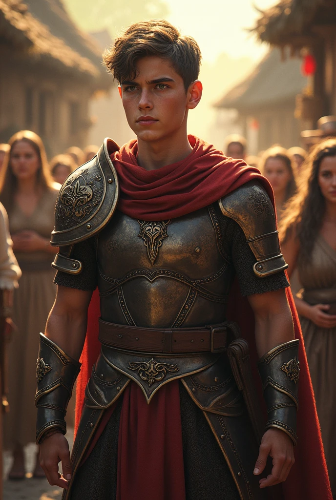 "Young Kael returns to his village as a hero, the villagers looking at him in awe, ready to face new adventures with your magical powers."
