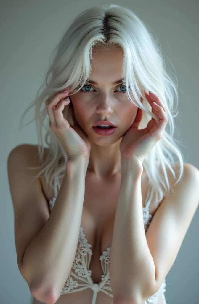 A Russian girl with a perverted and playful face looking at the camera. With a transparent dress that shows off her breasts and nipples. White hair, with his hands out of frame