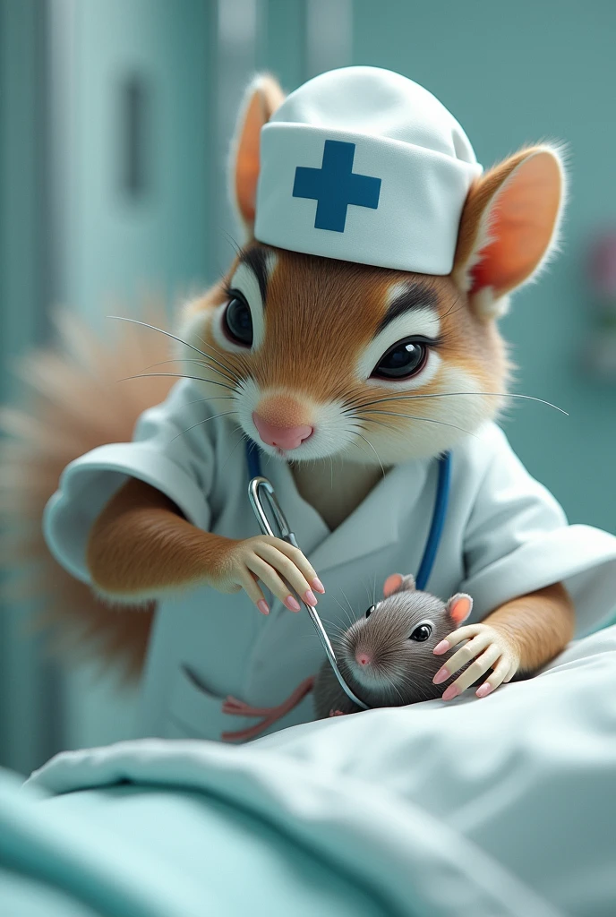 Realistic nurse squirrel treating a mouse with a wounded patient&#39;s body ,luxury hospital , real, , High detail as real life
