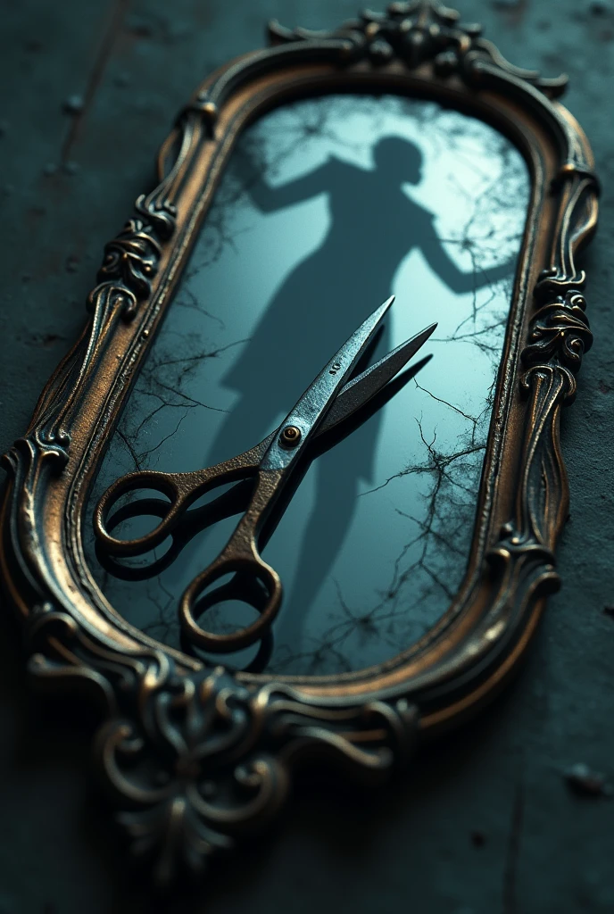 A pair of steel scissors, open and placed on a mirror that reflects the shadow of a witch, deformed and distorted. The mirror is cracked, and the image of the witch seems to be trapped inside.
