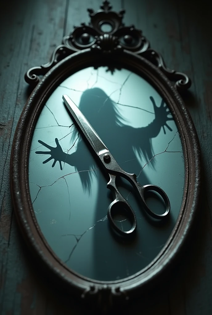 A pair of steel scissors, open and placed on a mirror that reflects the shadow of a witch, deformed and distorted. The mirror is cracked, and the image of the witch seems to be trapped inside.