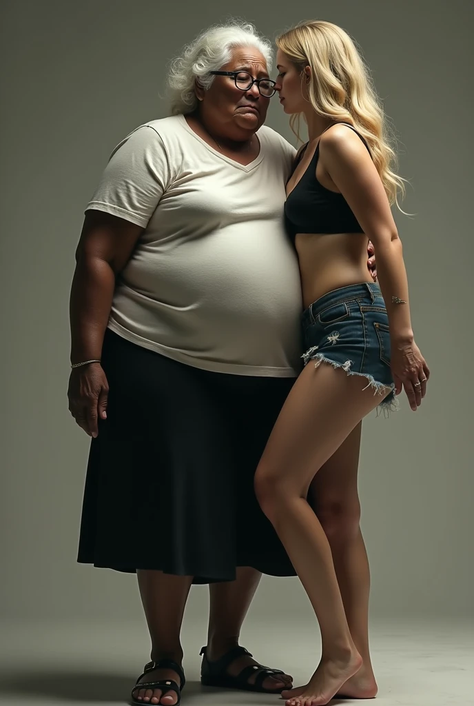 Create a realistic image of an elderly woman, 90 years old, obese, with black and dark skin, wearing a white shirt and black skirt and glasses, lifting the body of a 2 woman from the ground by the waist and lifting it high into the air, with light white skin, blonde hair long, slim body, with a long, tight black blouse and wearing short jeans