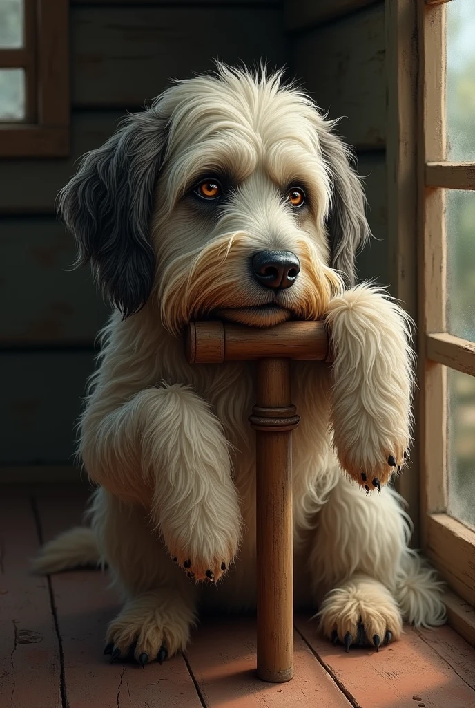 Create a picture of an old dog leaning on a cane