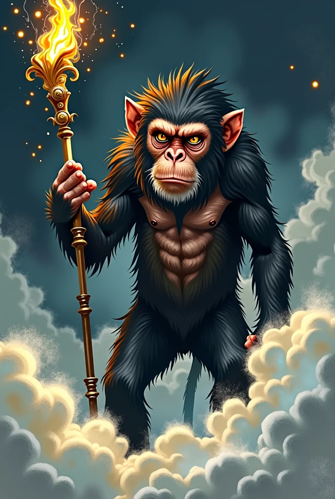 A monkey, holding a golden stick, standing on clouds, hand-drawing style, (dark style), (brave)