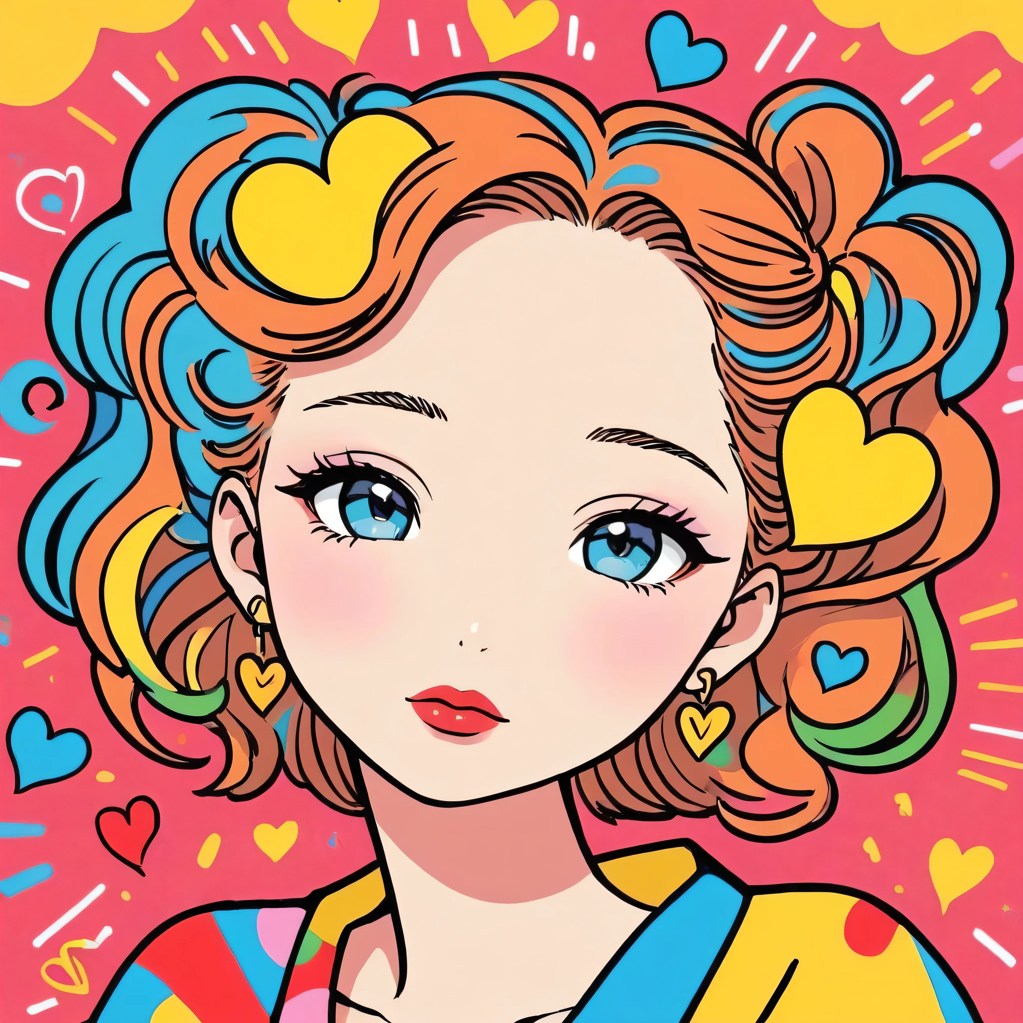 Keith Haring colorful style, Simple Line Initialism，Abstract art，Urban Background, (((The most beautiful girl of all time))), Sweet face. Lips in love, colorful hearts, stylish design