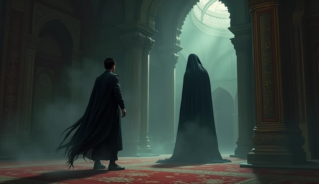 (Horror Story Title : night behind the door of the old mosque)
**Scene 8: Hasan Fights by Reading Verses of the Qur'an**
- Picture of Hasan reading verses of the Qur'an aloud, while the black-robed figure remained still in place.
- The atmosphere is tense with Hasan who remains brave enough to fight his fear..