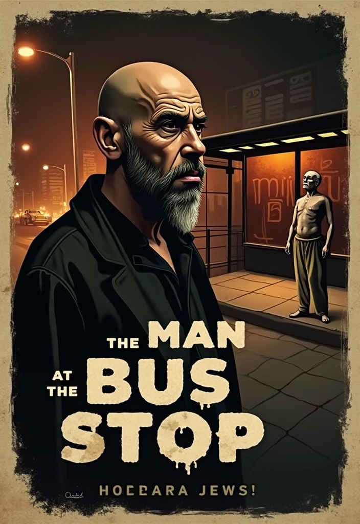 Create vintage poster style art, old movie posters, for the horror story, The Man at the Bus Stop, by the author Thiago Lopes, which tells the story of a bitter, bald bar owner who meets a naked old man at night and discovers that this man is waiting for the bus that will take him to hell.