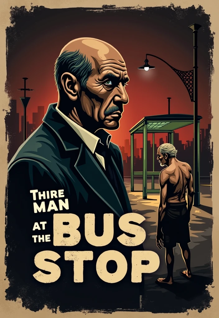 Create vintage poster style art, old movie posters, for the horror story, The Man at the Bus Stop, by the author Thiago Lopes, which tells the story of a bitter, bald bar owner who meets a naked old man at night and discovers that this man is waiting for the bus that will take him to hell.