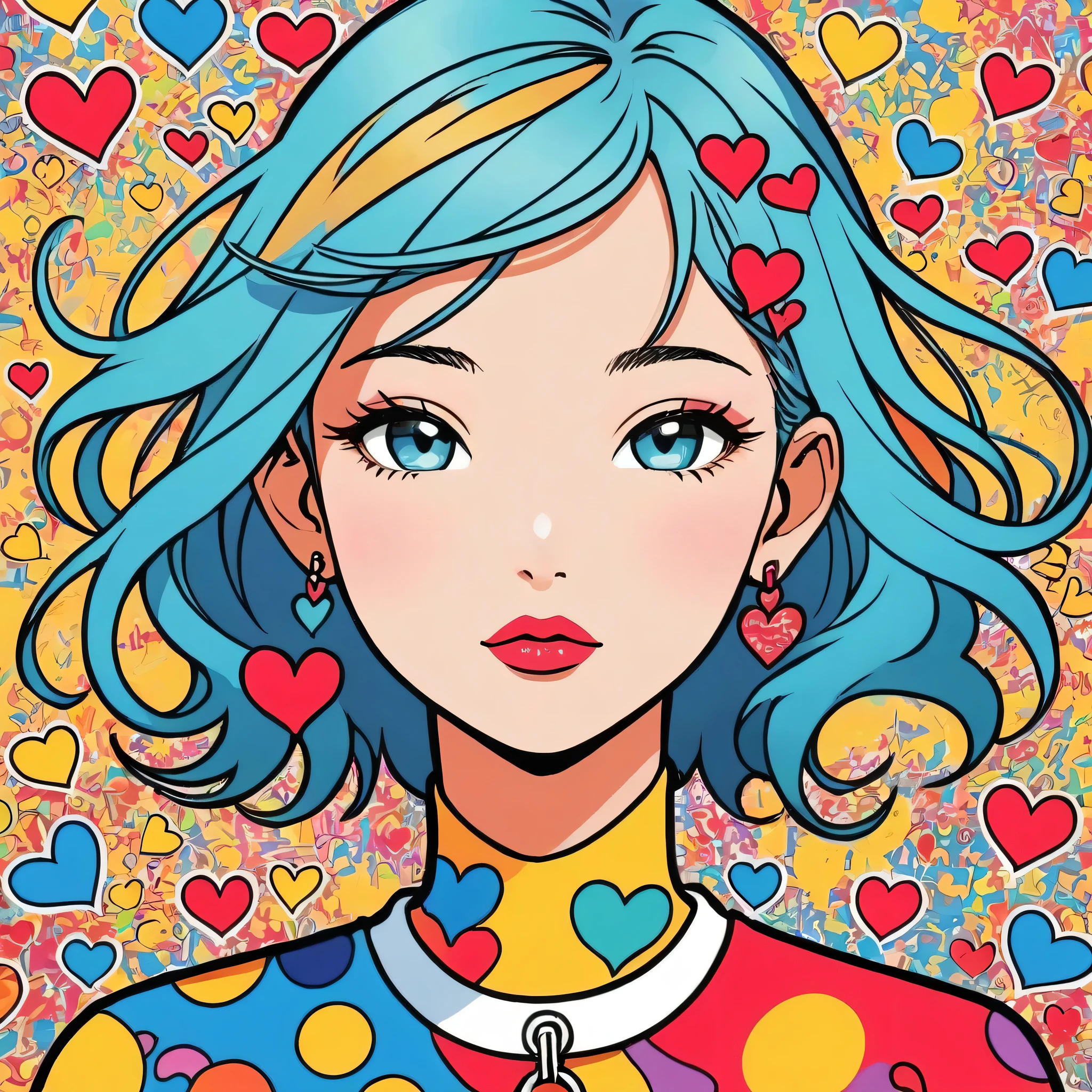 Keith Haring colorful style, Simple Line Initialism,Abstract art,Urban Background, (((The most beautiful girl of all time))), Sweet face. Lips in love, colorful hearts, stylish design