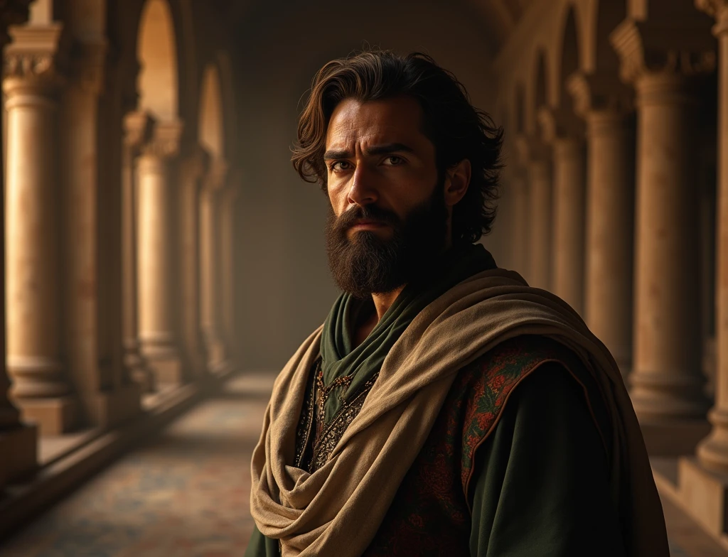 a realistic cinematic photo, daniel from the bible in babylon, calm palace kingdom, peace divine protection, dark, 1 man, detailed face, detailed eyes, detailed skin, intricate clothing, ornate architecture, moody lighting, dramatic shadows, cinematic composition, photorealistic, highly detailed, masterpiece, ultra-realistic, realistic 3d, dramatic lighting, volumetric lighting, hyperrealistic, photographic, hyperdetailed