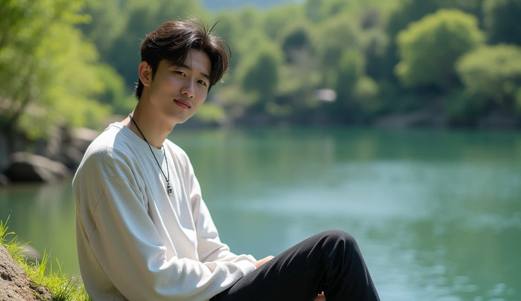 A Japanese male college student wearing fashionable clothes is sitting on a rock and looking at the lake with a cheerful expression,Excited, Photo of your face, Beautiful natural background, with a natural look, With a slightly tired look, tilt your face a little, Diagonal orientation, Average face