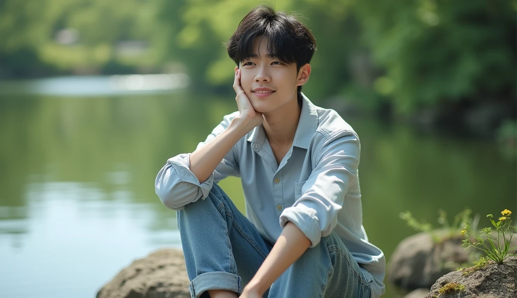 A Japanese male college student wearing fashionable clothes is sitting on a rock and looking at the lake with a cheerful expression,Excited, Photo of your face, Beautiful natural background, with a natural look, With a slightly tired look, tilt your face a little, Diagonal orientation, Average face