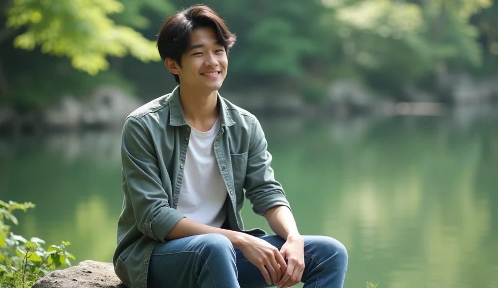 A Japanese male college student wearing fashionable clothes is sitting on a rock and looking at the lake with a cheerful expression,Excited, Photo of your face, Beautiful natural background, with a natural look, With a slightly tired look, tilt your face a little, Diagonal orientation, Average face