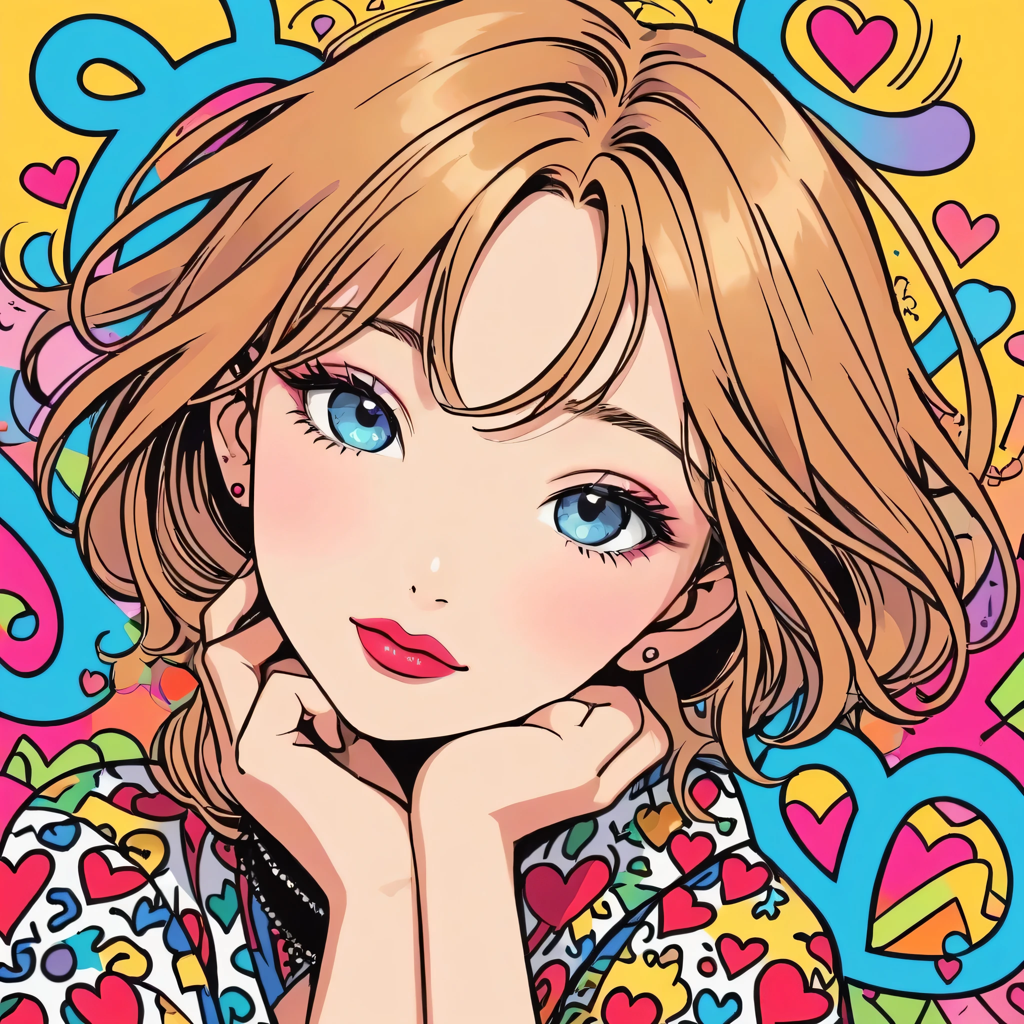 Keith Haring colorful style, Simple Line Initialism,Abstract art,Urban Background, (((The most beautiful girl of all time))), Sweet face. Lips in love, colorful hearts, stylish design