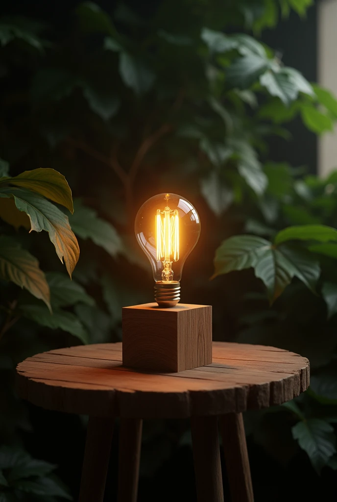 Wooden block lamp, with carbon filament lamp, on top of a table, with foliage in a dark environment.