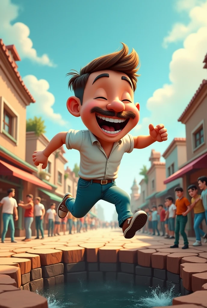 (best quality, masterpiece), (Man, cartoon head, , running, blue jeans, white shirt, mustache, don&#39;t have a beard, short hair, laughing),(karikatur Man berlari, jump over the big hole, hole filled with many people, people in the hole looking up), (in the middle of a small town, afternoon)
