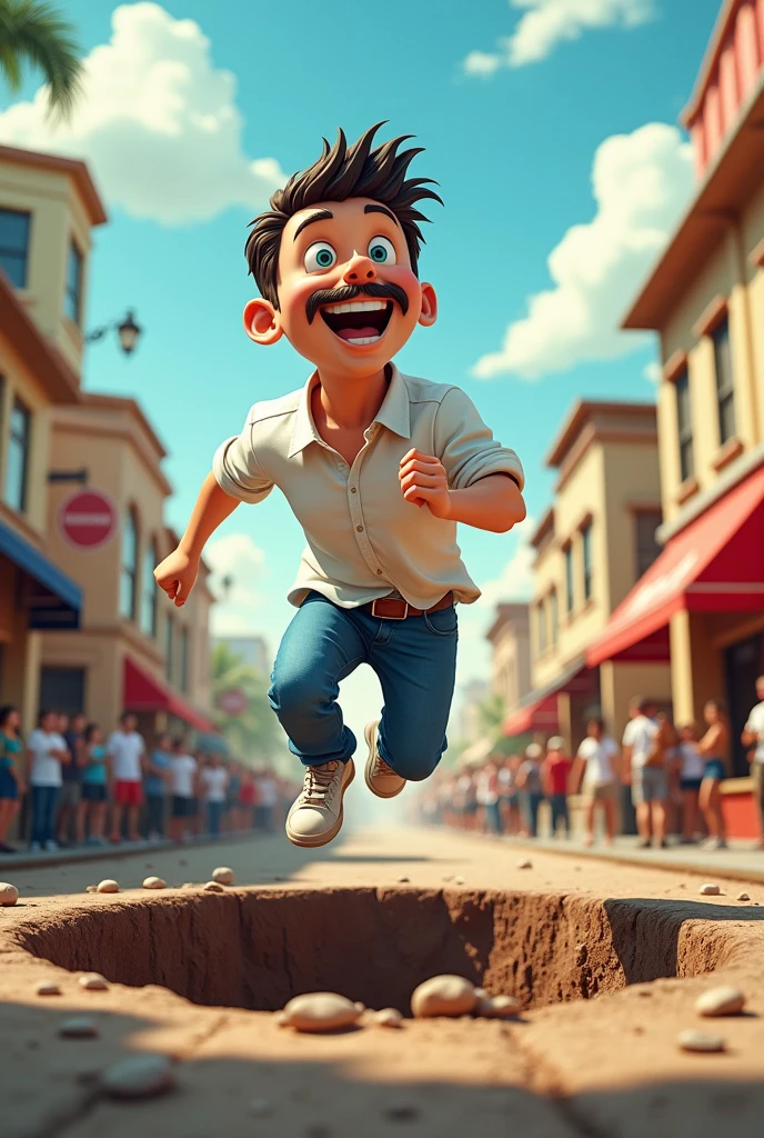 (best quality, masterpiece), (Man, cartoon head, , running, blue jeans, white shirt, mustache, don&#39;t have a beard, short hair, laughing),(karikatur Man berlari, jump over the big hole, hole filled with many people, people in the hole looking up), (in the middle of a small town, afternoon)
