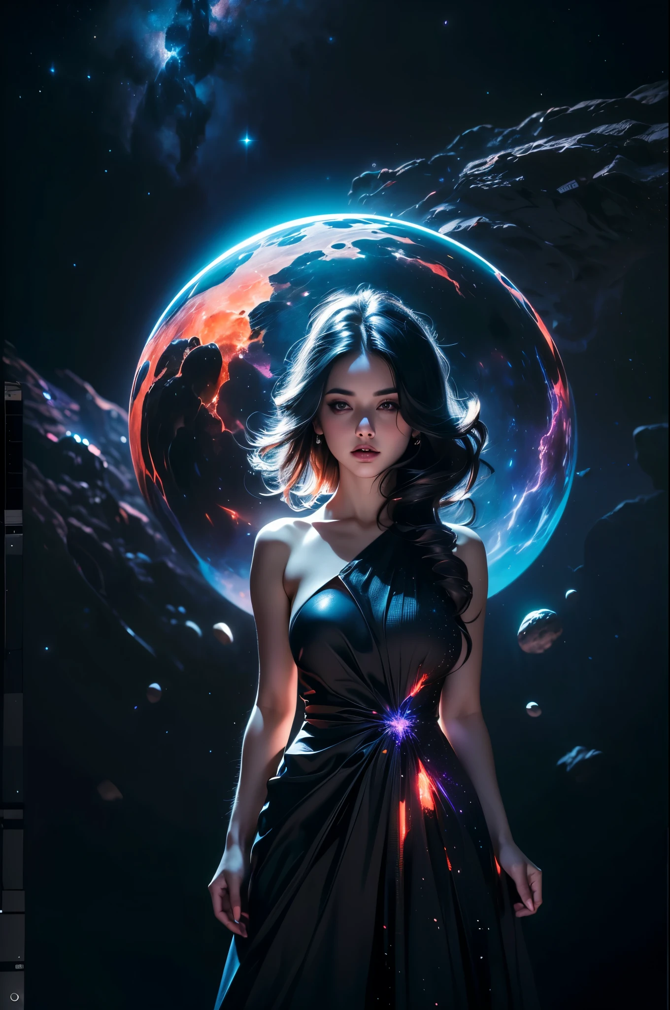 (masterpiece, best quality, highres, high resolution:1.2), extremely detailed, realistic, intricate details, 1girl, solo, looking at viewer, (abstract art:1.3), (dark theme:1.2), art, stylized, deep shadow, dark theme, cosmic dress, cosmic beauty, in space, nebula, (cinematic lighting, bloom, volumetric),