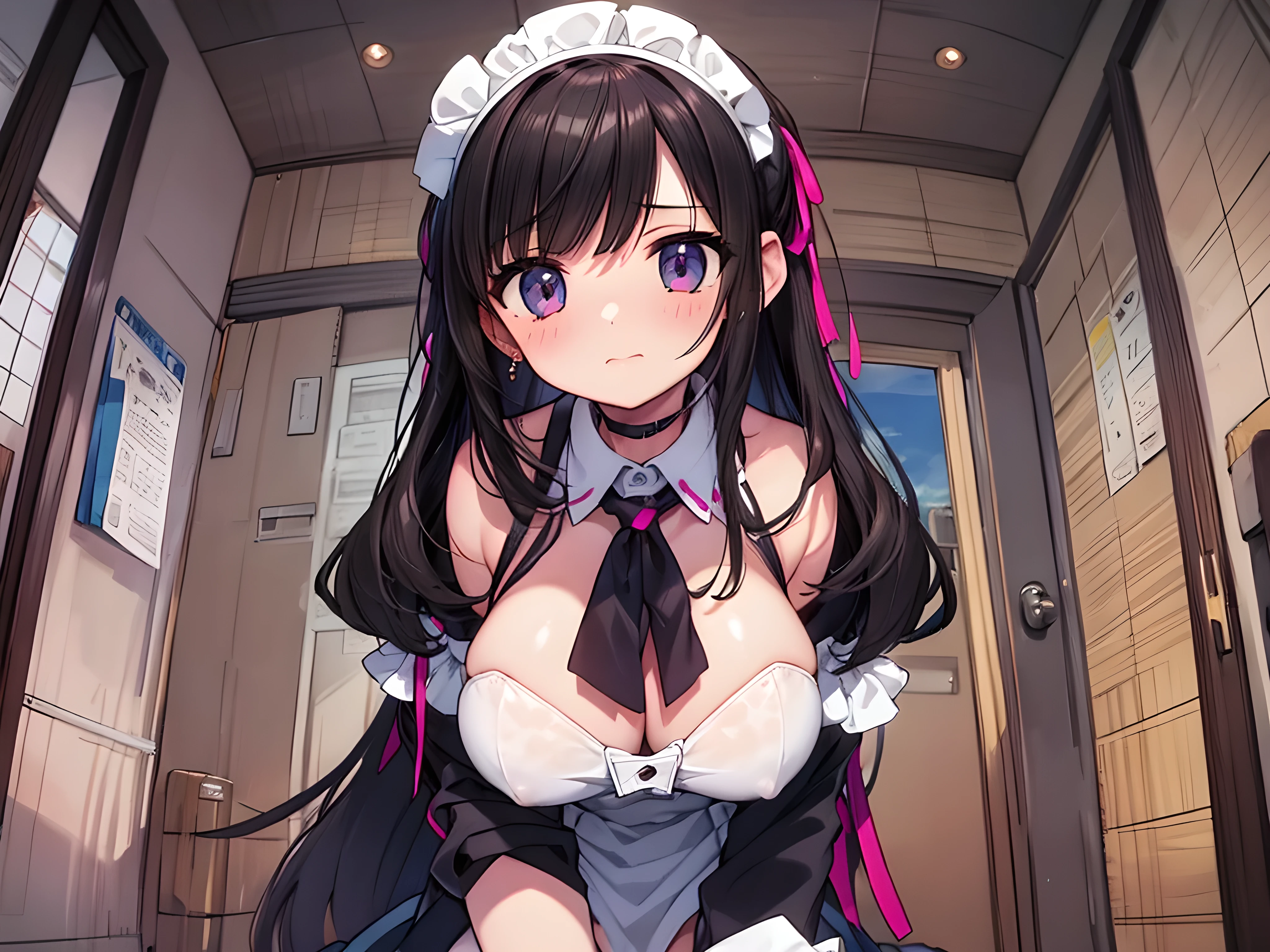 score_9, score_8_up, score_7_up, score_6_up, extremely detailed illustration, official art, super fine illustration, ultra-highdetail, 1girl, blush, breasts, maid uniform, kneeling, hetero, 1boy, fellatio, deep throat, entrance, gyaru, (motion lines), from below