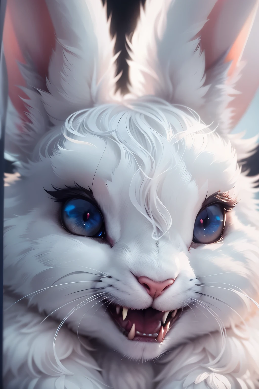 a cute but evil looking female white bunny, detailed bunny face, piercing eyes, sharp fangs, fluffy white fur, mischievous expression, detailed intricate patterns, fantasy, dark fantasy, digital art, highly detailed, 8k, photorealistic, cinematic lighting, dramatic shadows, moody atmosphere