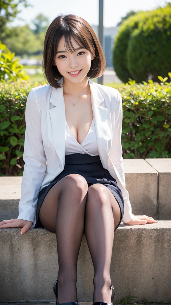 Pure Japanese young girl, outstanding body, wearing traditional suits, loose blouse chest and exposed nipples, (pantyhose), high heels, formal makeup, natural hair styles, sitting, lift up skirt, spread wide legs, sweet smile, professional portrait photography, summer morning light, 