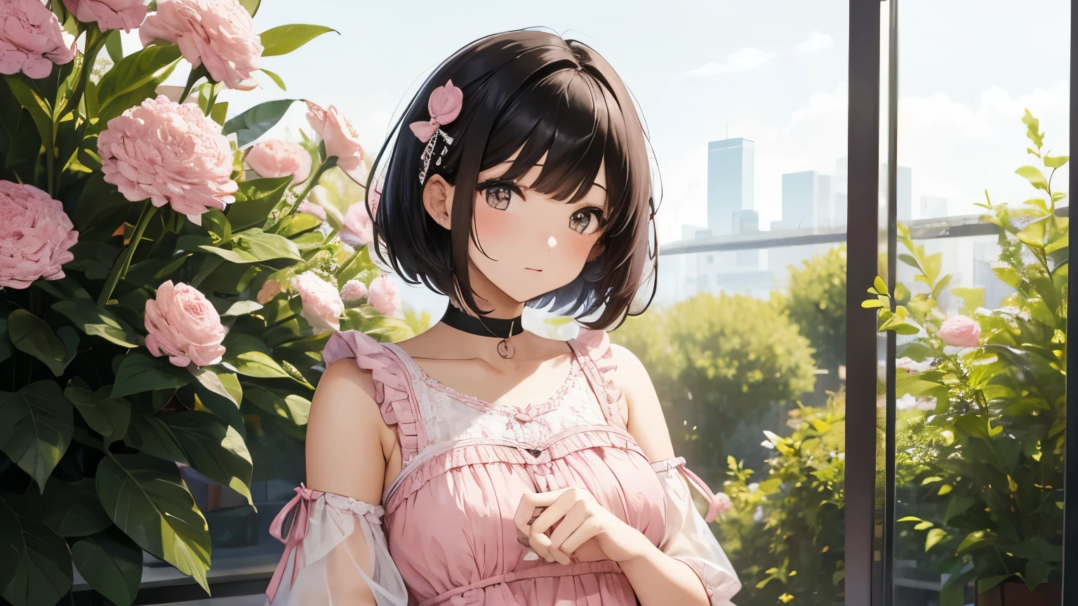 A beautiful woman wearing a pink and white panier dress with lots of frills and lace. Black short bob hair with hair ornament Upper Body