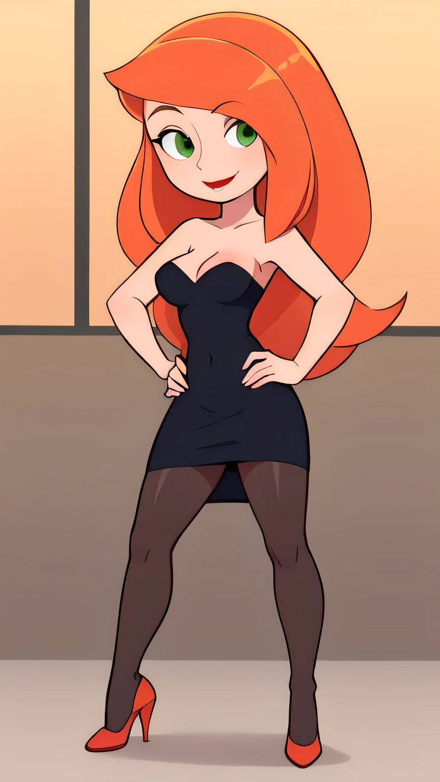 Best_QualityPos, RAW photo, intricate details, best quality, 8k uhd, soft lighting, 1girl, solo, green eyes, orange hair, long hair, black strapless tube dress, medium breast, smile, hands on her hips, red high heels, pantyhose, Kimberly Ann possible