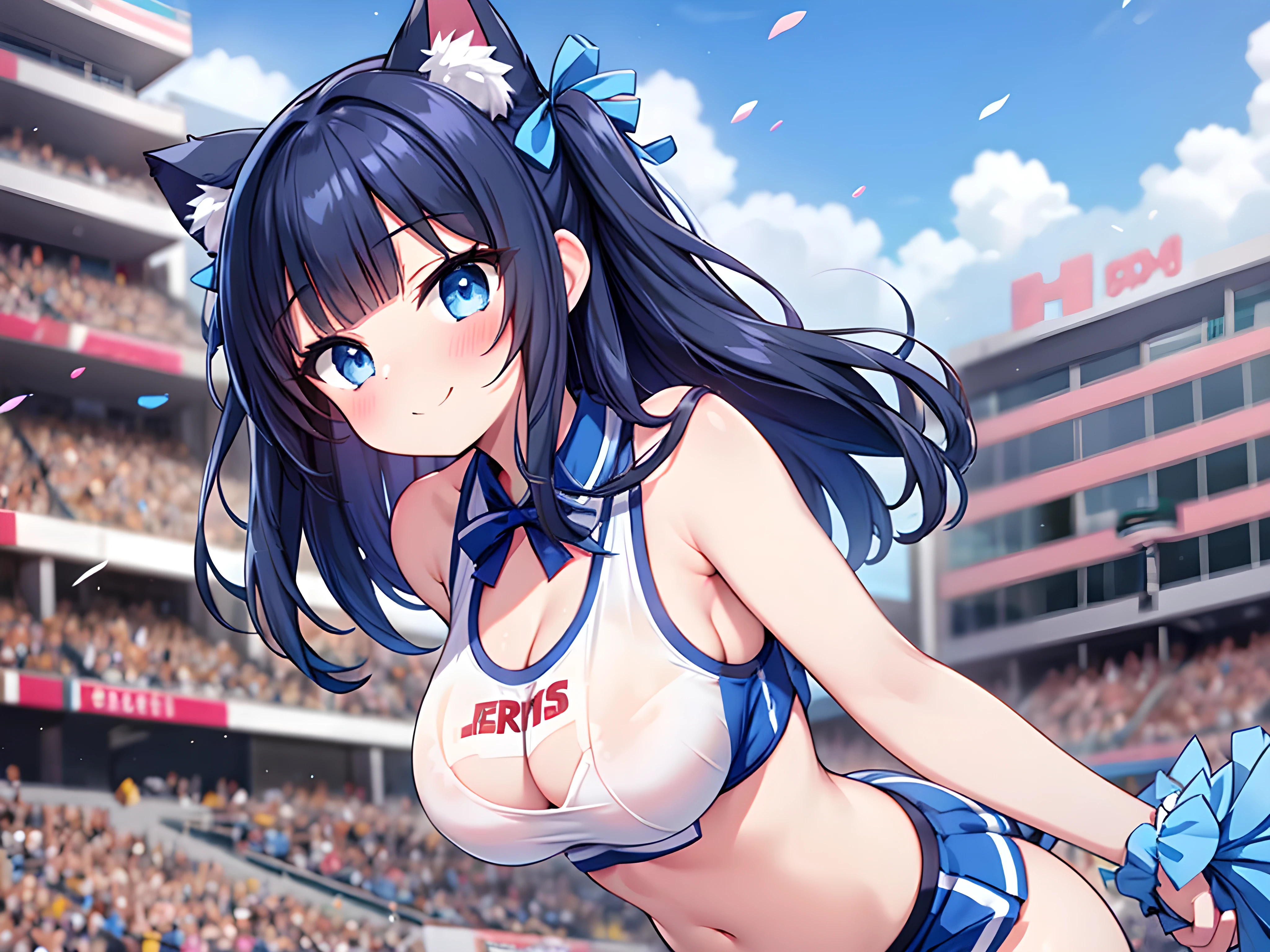 lactation,cheerleader,
bouncing breasts,,sex from behind,grab her hip,crowd,motion blur,
1 girl,black hair,blue eyes,two side up,long hair,medium breasts,seductive smile,Cat ears,blunt bangs,blue hair ribbon,blush,close mouth