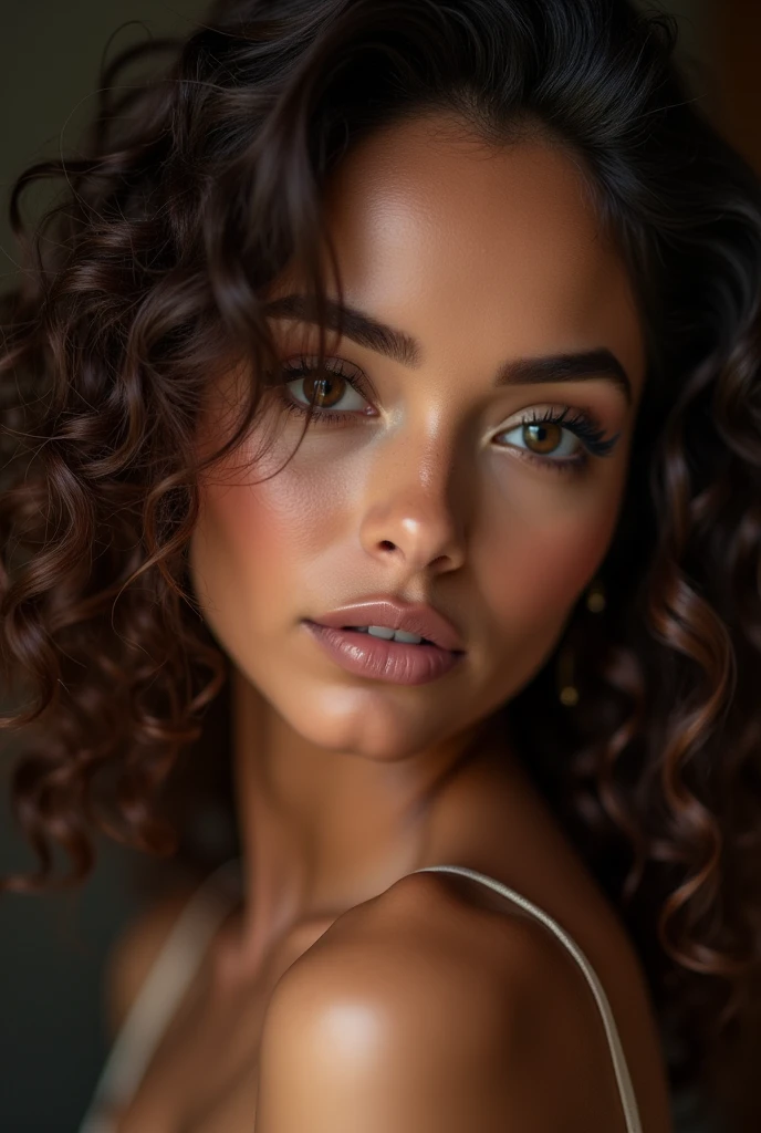Young 1 Cuban-Italian mixed woman, high cheekbones, glamorous gaze, curly brown hair, long eyelashes, almond-shaped eyes, shiny look, studio lighting-