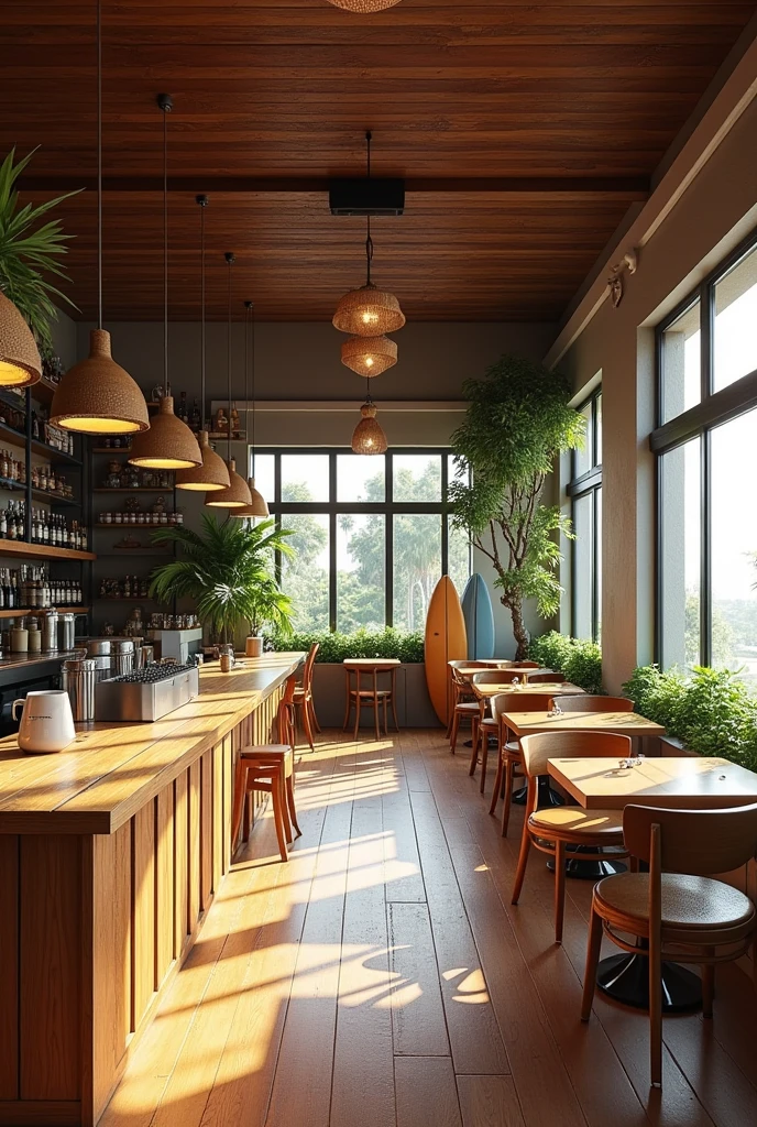 (photorealism:1.2), Picture, high qualitity, realistic interior design of the coffee shop and restaurant in Kuta, Lombok, interior style and design is "retro surf", big tables, high lights, bay windows, cozy surf vibes, surf interior decoration