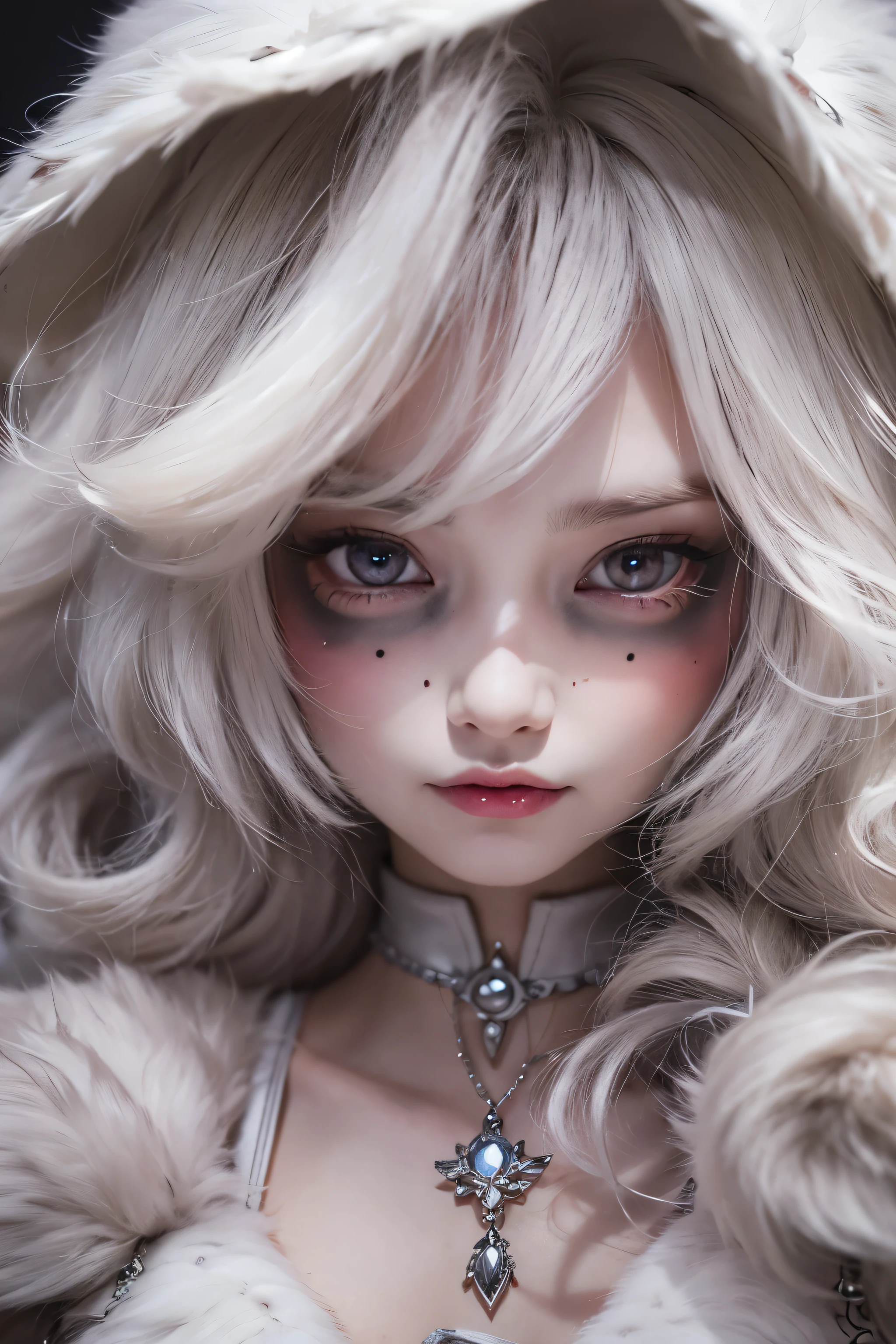 a cute but evil looking female white bunny, detailed bunny face, piercing eyes, sharp fangs, fluffy white fur, mischievous expression, detailed intricate patterns, fantasy, dark fantasy, digital art, highly detailed, 8k, photorealistic, cinematic lighting, dramatic shadows, moody atmosphere