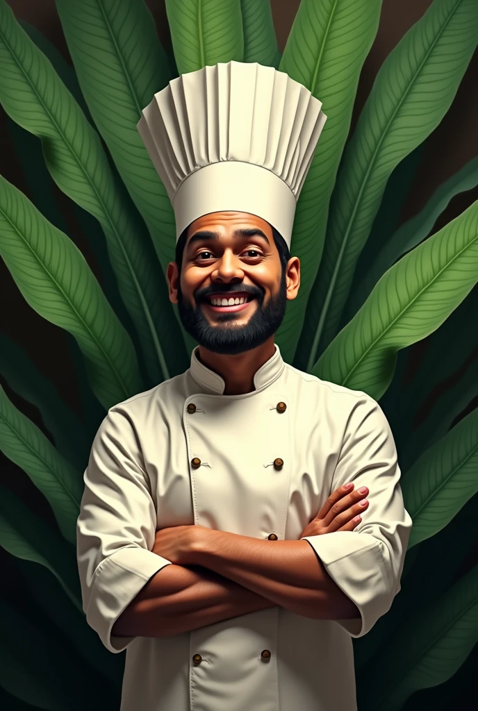 Decent Banana leaf background with a chef meme and the restaurant name Kolapasi Indian Cuisine. It has to look classy and outstanding