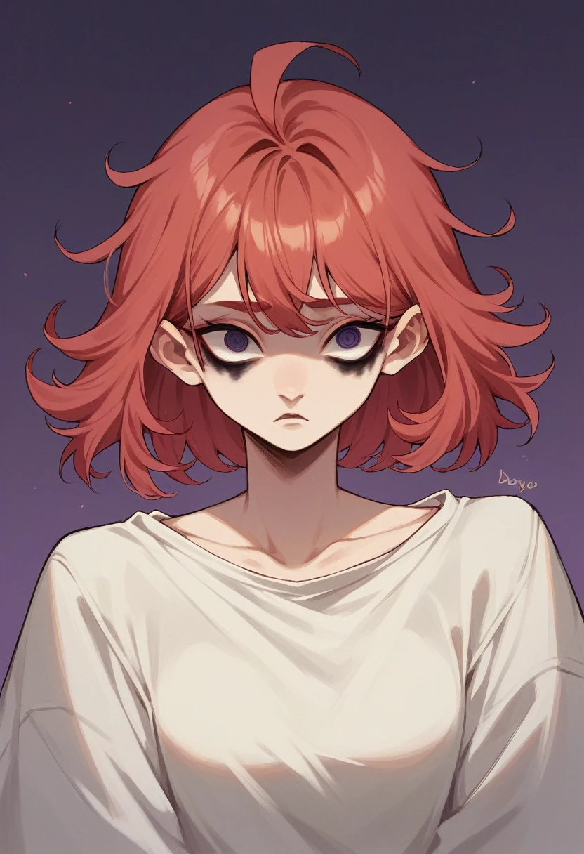 "Red-haired woman with bangs, large, droopy eyes, and a harmonious mouth. She is wearing dark makeup and is in a setting with a purple background."