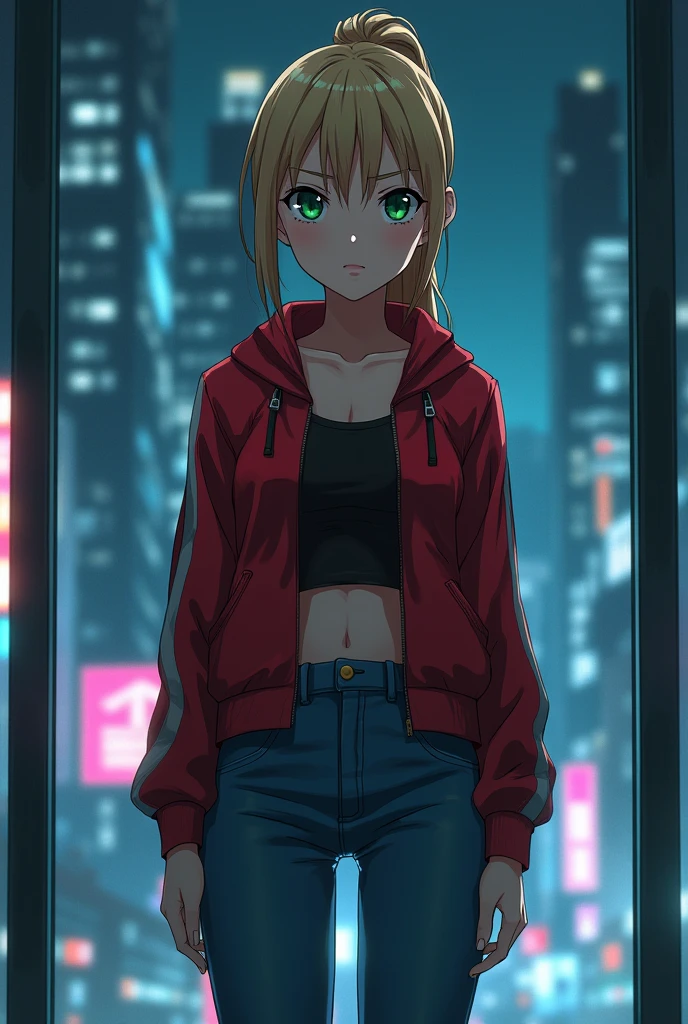 The image is anime style with shadows and dim lights, anime style although somewhat adult and dark, In it, a girl appears standing in front of a glass wall where the futuristic night city can be seen behind her.. The girl is blonde and has a ponytail hairstyle, She has green eyes and is very beautiful, His face, However, it&#39;s serious. He looks about 2. He wears a red jacket and jeans., has strong legs