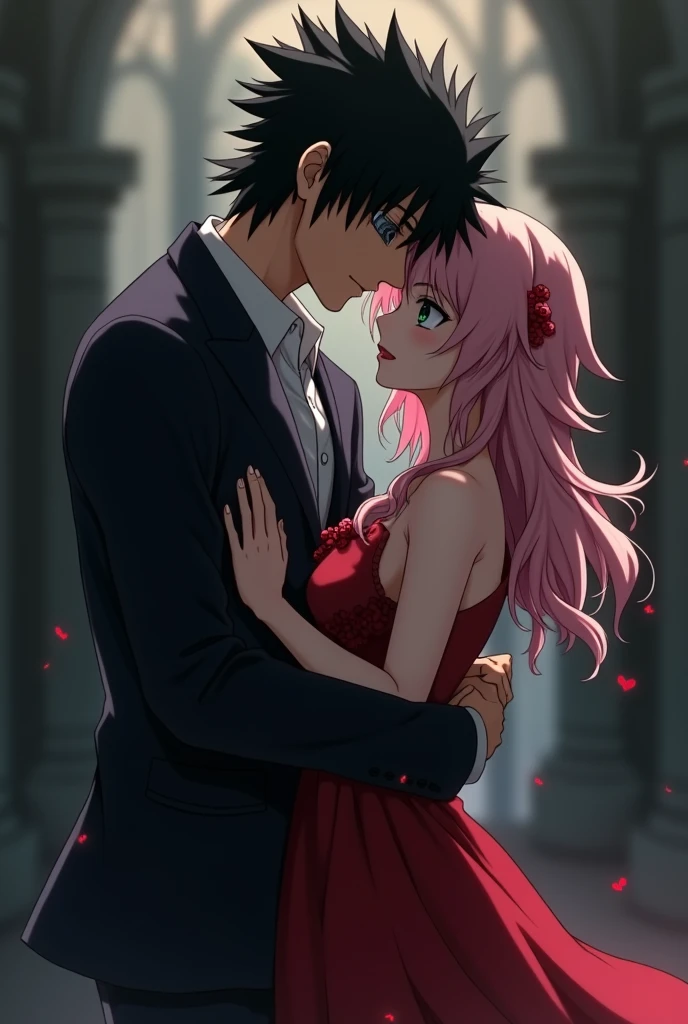 Sasuke Uchiha a 30 year old man with black eyes and hair wearing a dark suit and an eye patch hugging Sakura Haruno a 20 year old young woman with long light pink hair and jade green eyes wearing a long red dress, They are both looking forward