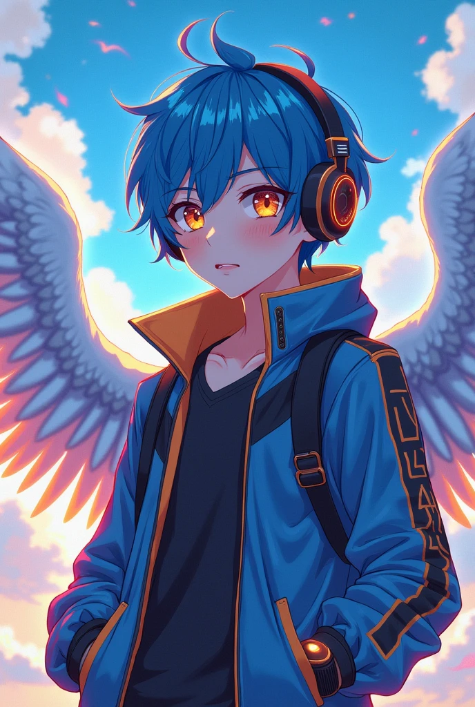 Make make a anime boy student and headphone at a book add wings at a jacket at a smartwatch sky
 blue hair fireflow eyes