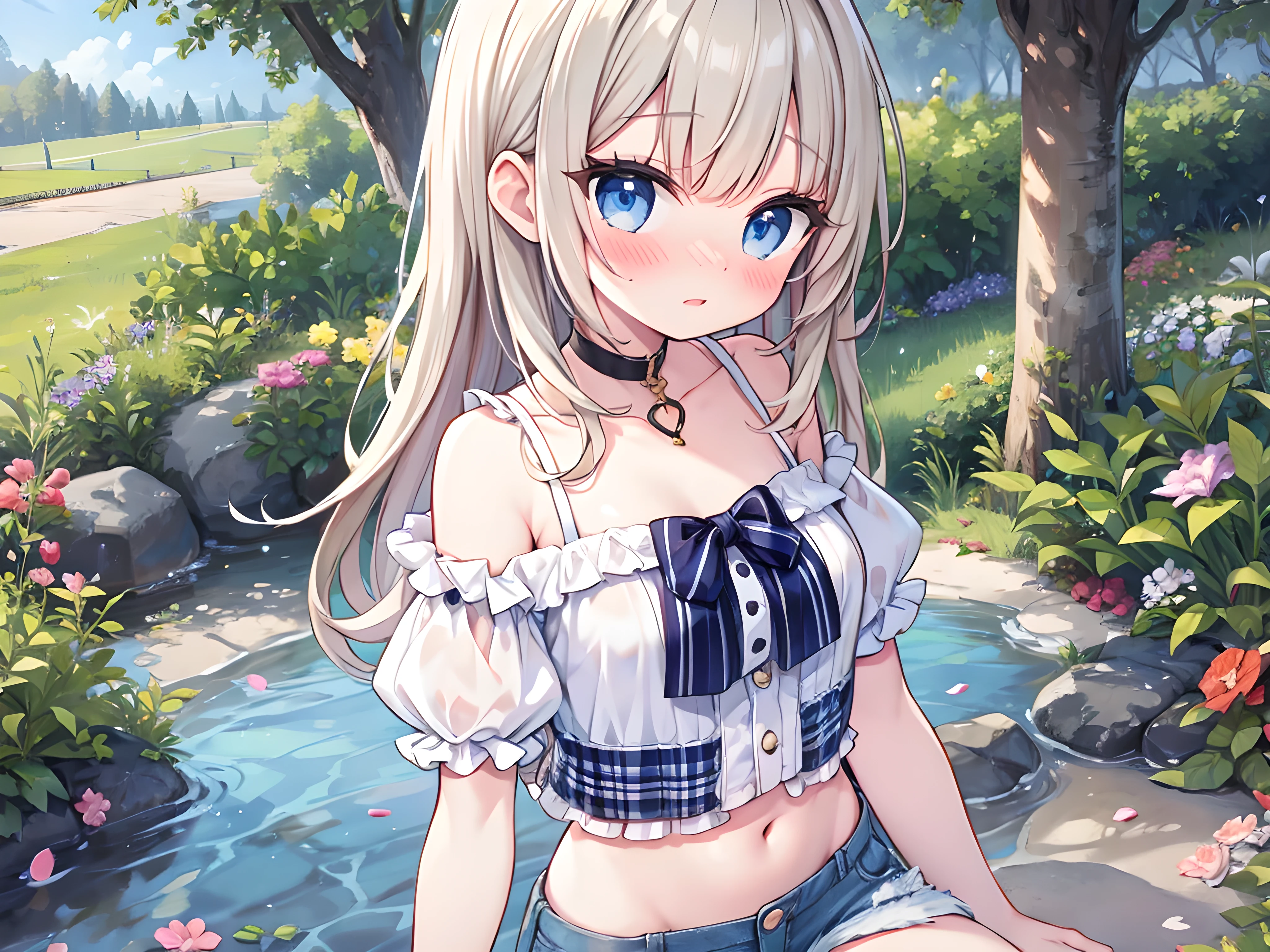 1girl, (child), hime cut,
amazing quality, best quality, highres, (sexy lips),
shade, surprised, nose blush, half unworn clothes, shirt,
bikini top, shorts,