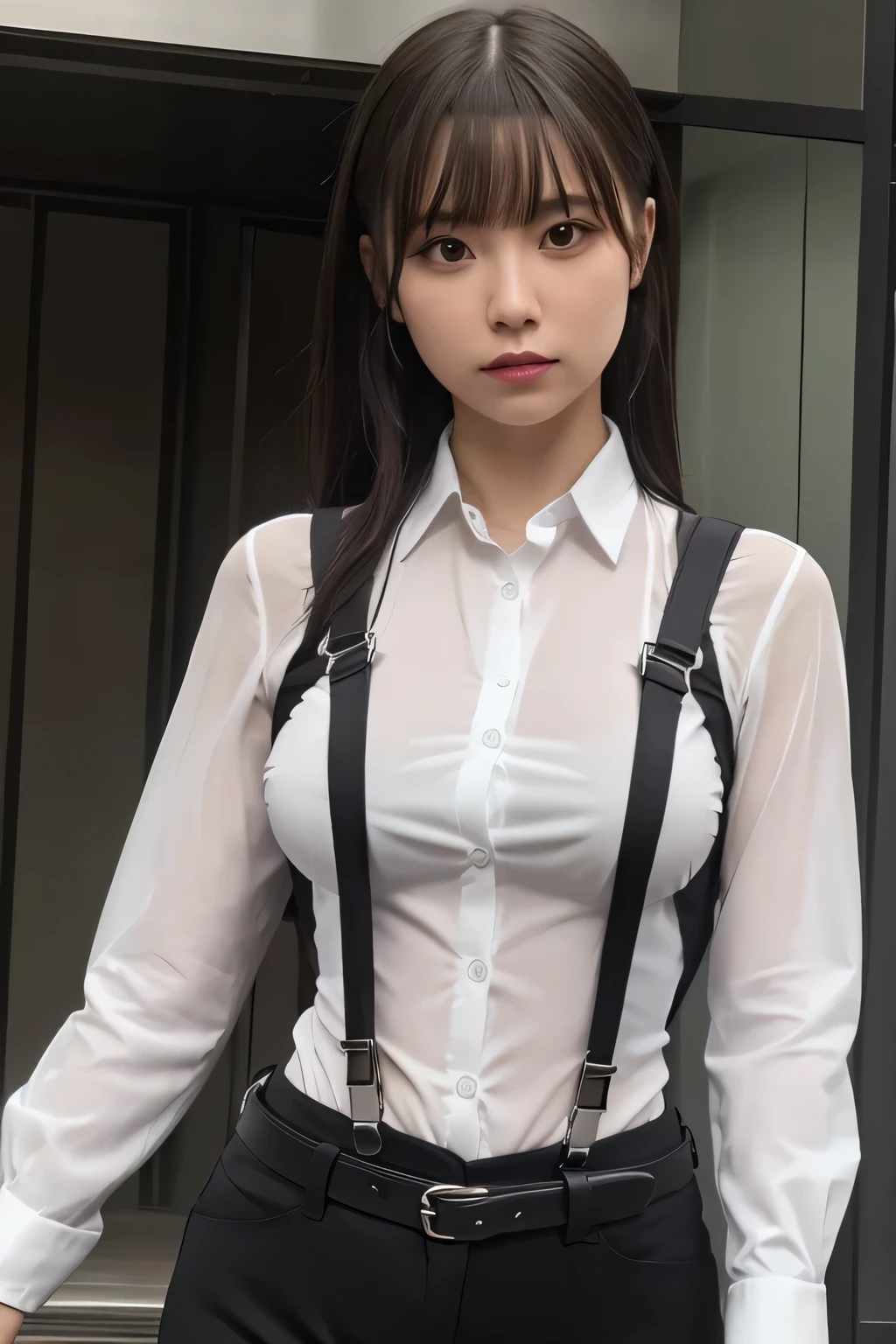 ulzzang-6500-v1.1, (RAW Photos:1.2), (Realistic), (Genuine:1.4), １girl、Perfect Anatomy、48 years old、Incredible beauty、Voluptuous mature woman、 Perfect look，double eyelidの目，Delicate makeup，Cool Beauty,　Accurately expresses details such as face and skin texture,(The most beautiful face and eyes), double eyelid,Delicate skin,Looking into the camera、Medium Long Hair、Plaid vest、((Are standing:1.3))、(Ultra-realistic pantyhose:1.2), (High heels)、(Business services)、Victim actress, shame、Shyness、evidence、Seized items、Red lips, blush,Edo Conquest Strategy、 BDSM, Inside an abandoned factory, shibari, handcuffs, collar, (suspension:1.6), Arms tied, Place your arms behind your back, Inhibition, Leaning forward,